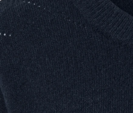 Detailaufnahme eines marineblauen Strickpullovers mit Ajour-Muster.