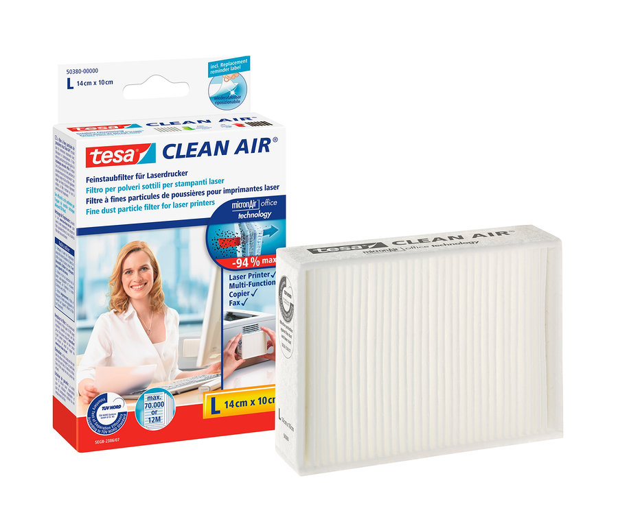 Verpackung des Tesa Clean Air Feinstaubfilters für Laserdrucker und separater Filter.