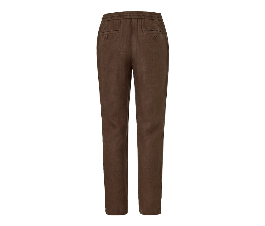Eine braune Leinen-Chino-Hose von hinten.