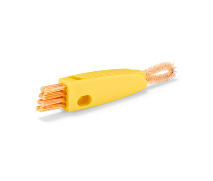 Gelbe 3-in-1-Reinigungsbürste mit orangefarbenen Borsten.