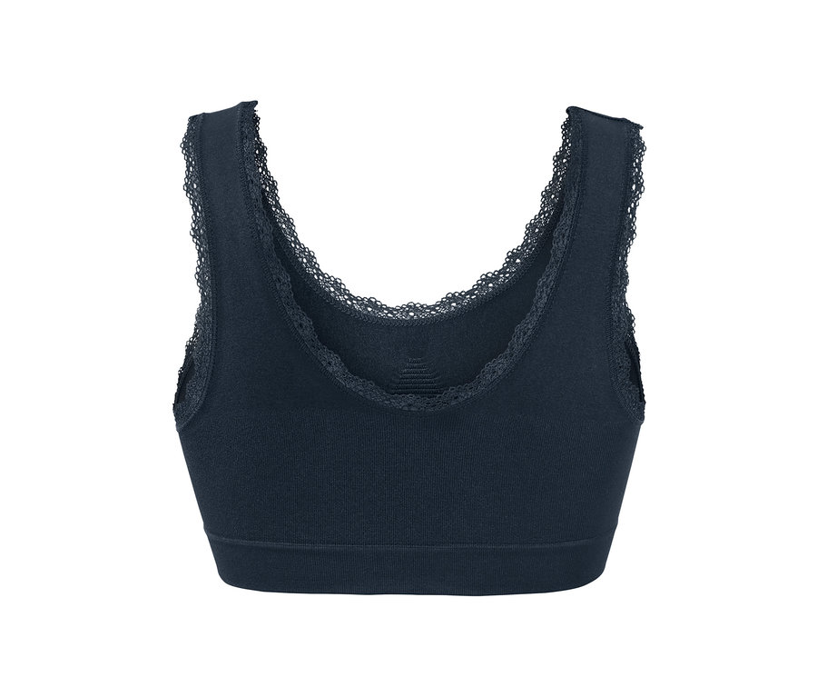 Detailansicht eines blauen Seamless-Bustiers mit Spitze.