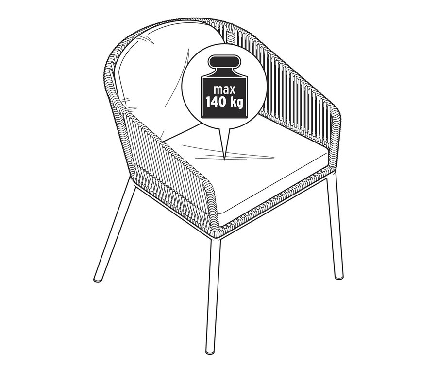 Illustration eines Dining-Sessels mit Textilgeflecht und runder Rückenlehne. Maximale Tragkraft 140 kg.