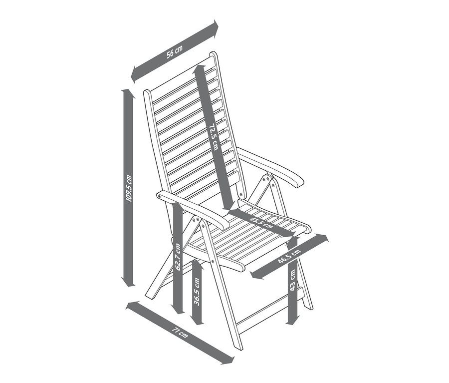 Eine Skizze eines Teak-Hochlehners mit verstellbarer Rückenlehne und hervorgehobenen Abmessungen.