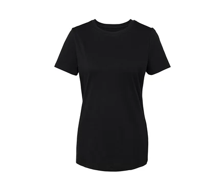 Schwarzes Basic T-Shirt mit Rundhalsausschnitt, flach liegend.