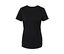 Schwarzes Basic T-Shirt mit Rundhalsausschnitt, flach liegend.
