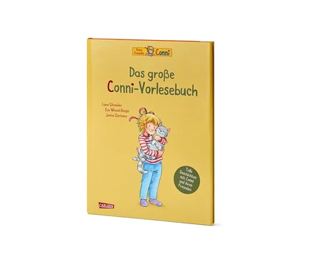 Gelbes Buch »Das große Conni-Vorlesebuch« mit einer Abbildung von Conni, die eine graue Katze hält.