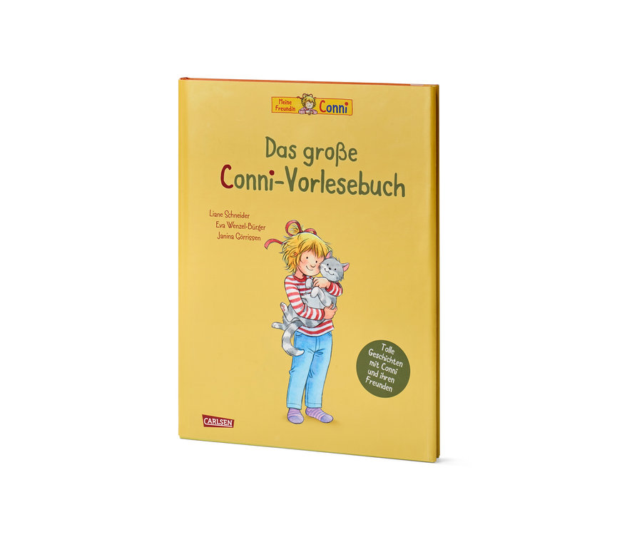 Gelbes Buch »Das große Conni-Vorlesebuch« mit einer Abbildung von Conni, die eine graue Katze hält.