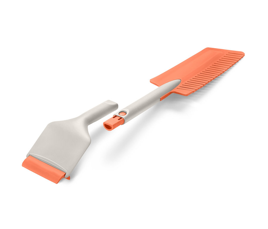 Zerlegter Auto-Eiskratzer, steckbar, mit orangefarbener Schabefläche.