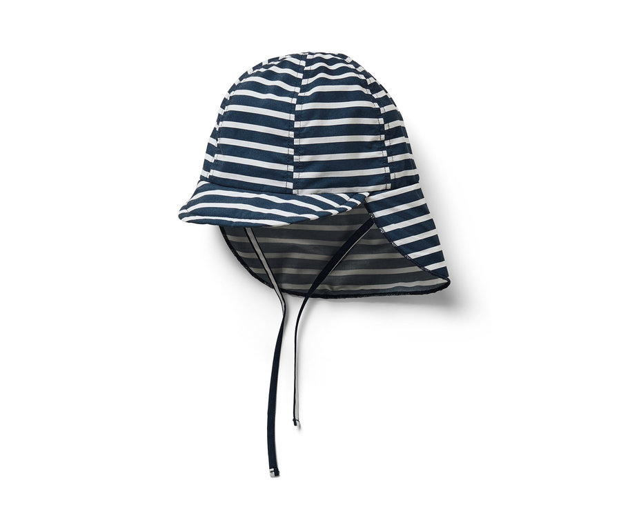 Gestreifte Kinder-Sonnenmütze mit UV-Schutzfaktor 80.