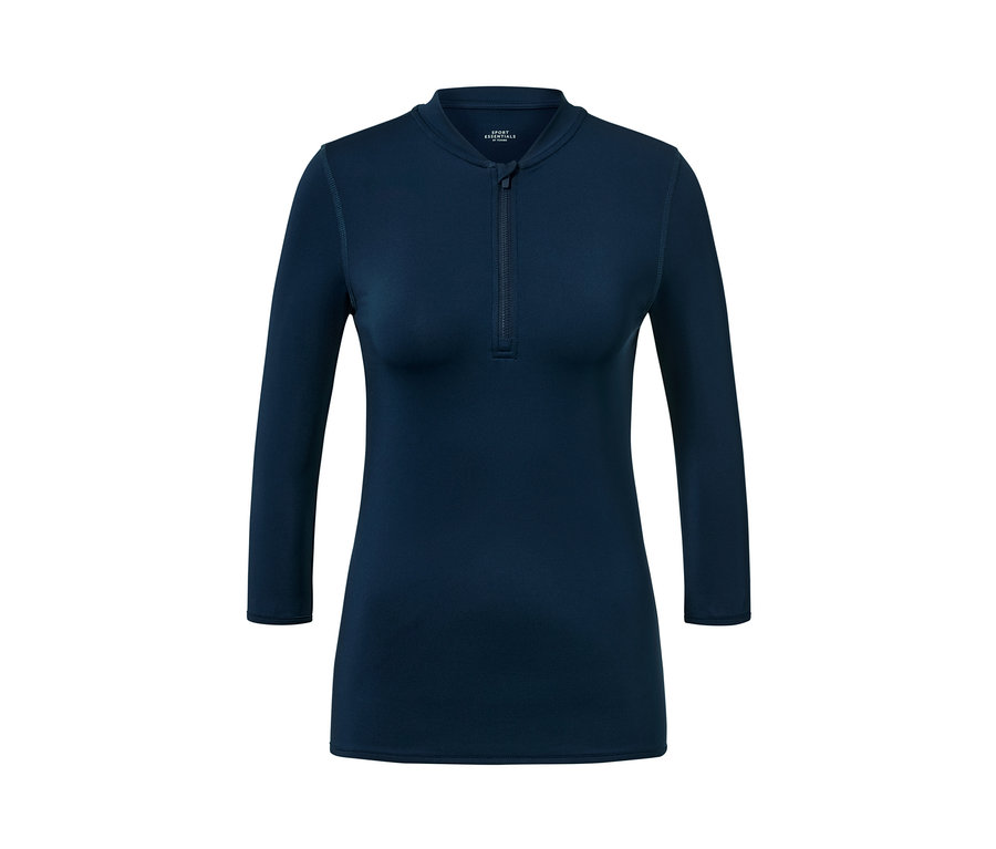 Dunkelblaues UV-Schutz-Sportshirt mit langen Ärmeln und Reißverschluss.