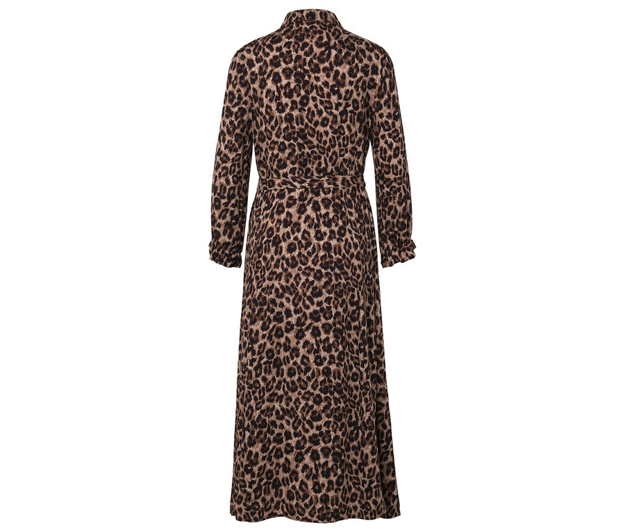 Rückansicht eines langen Kleides mit Tiermuster und langen Ärmeln.