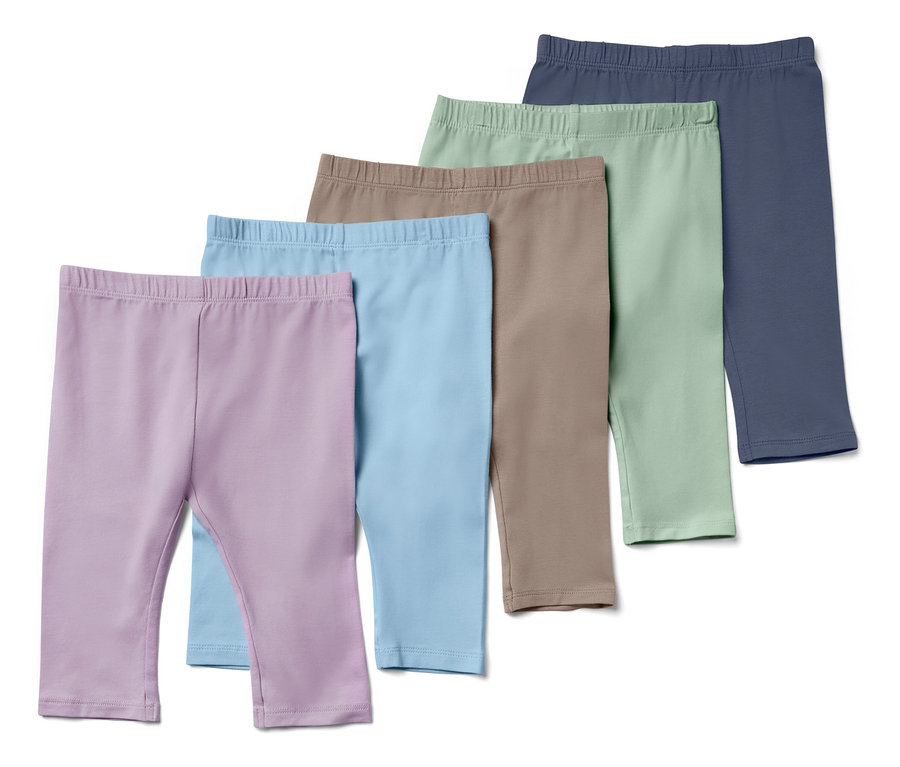 Fünf Paar Kinderleggings in den Farben Lila, Blau, Braun, Grün und Dunkelblau.