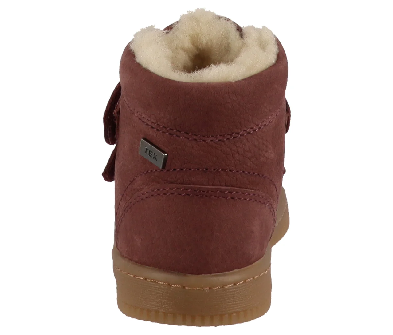Detail der Rückseite des Lurchi Felix Barefoot-TEX Schuhs in Wildberry-Farbe mit brauner Sohle und beigem Fellfutter.