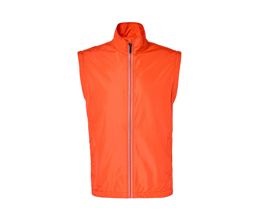 Orangefarbene 2-in-1-Fahrradjacke mit Reißverschluss in der Mitte.