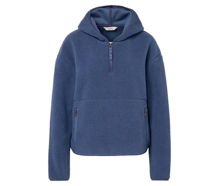 Blauer Fleecepullover mit Kapuze und Taschen.