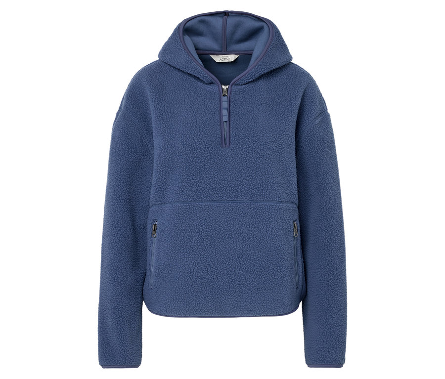 Blauer Fleecepullover mit Kapuze und Taschen.