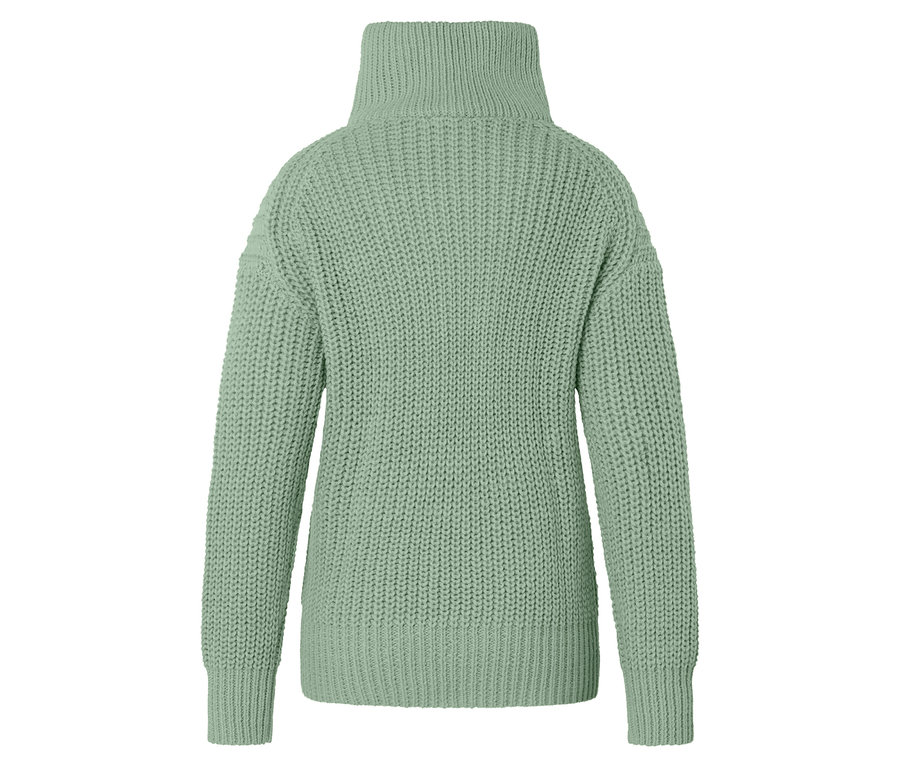 Rückansicht eines hellgrünen Strickpullovers mit Rollkragen.