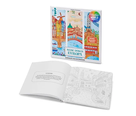 Abgebildet ist das Buch "Reise durch Europa – Ausmalen und Entspannen" und ein aufgeschlagenes Malbuch mit einer Abbildung von Venedig.
