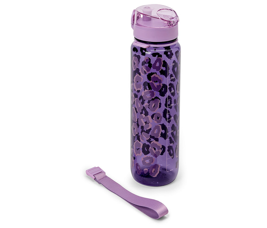 Lila Wasserflasche mit Tiermuster und Riemen.