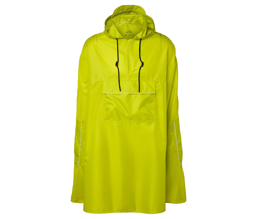 Ein gelbes Poncho mit Kapuze, Kordelzug und Brusttasche.