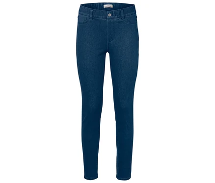 Mid blue Jeggings in Denim-Optik mit Vordertaschen und Knopf, flach liegend.