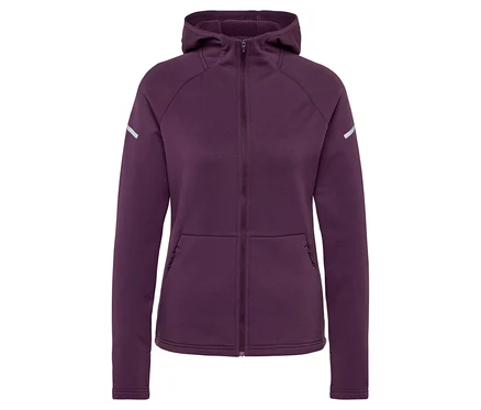 Lila Kapuzenjacke mit Reißverschluss und reflektierenden Details am Ärmel.