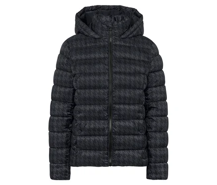 Eine schwarze Daunenjacke mit Kapuze und Hahnentrittmuster.