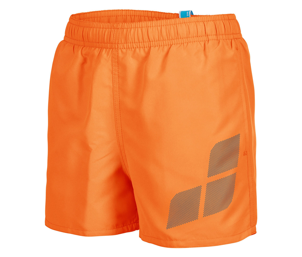 Orangefarbene Badeshorts mit elastischem Bund und einem schrägen, linearen Grafikmuster auf dem Bein.