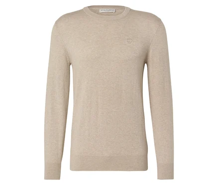 Hellbeiger, langärmliger Pullover mit Rundhalsausschnitt, flachliegend.