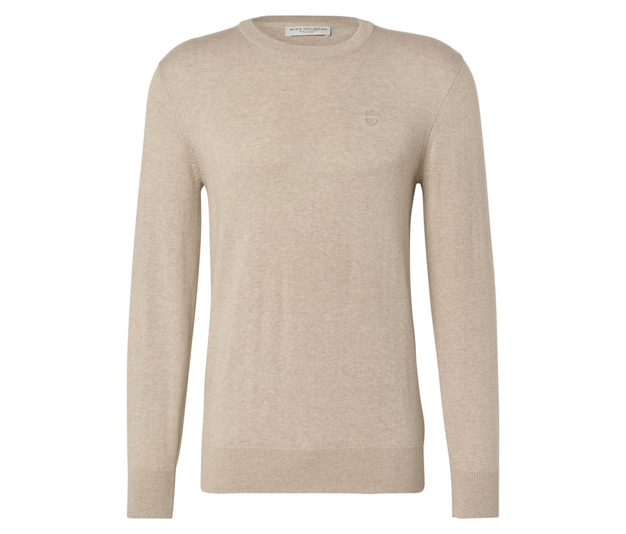 Hellbeiger, langärmliger Pullover mit Rundhalsausschnitt, flachliegend.