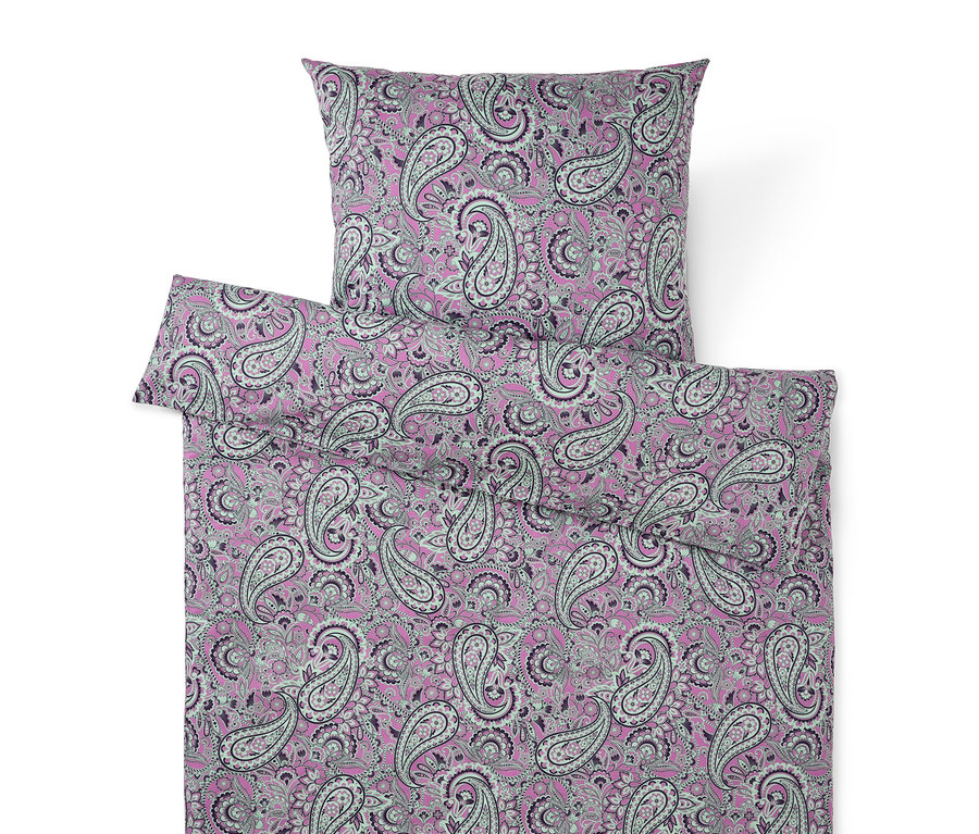 Bettwäschegarnitur mit Paisley-Muster in Rosa, Lila und Grau.