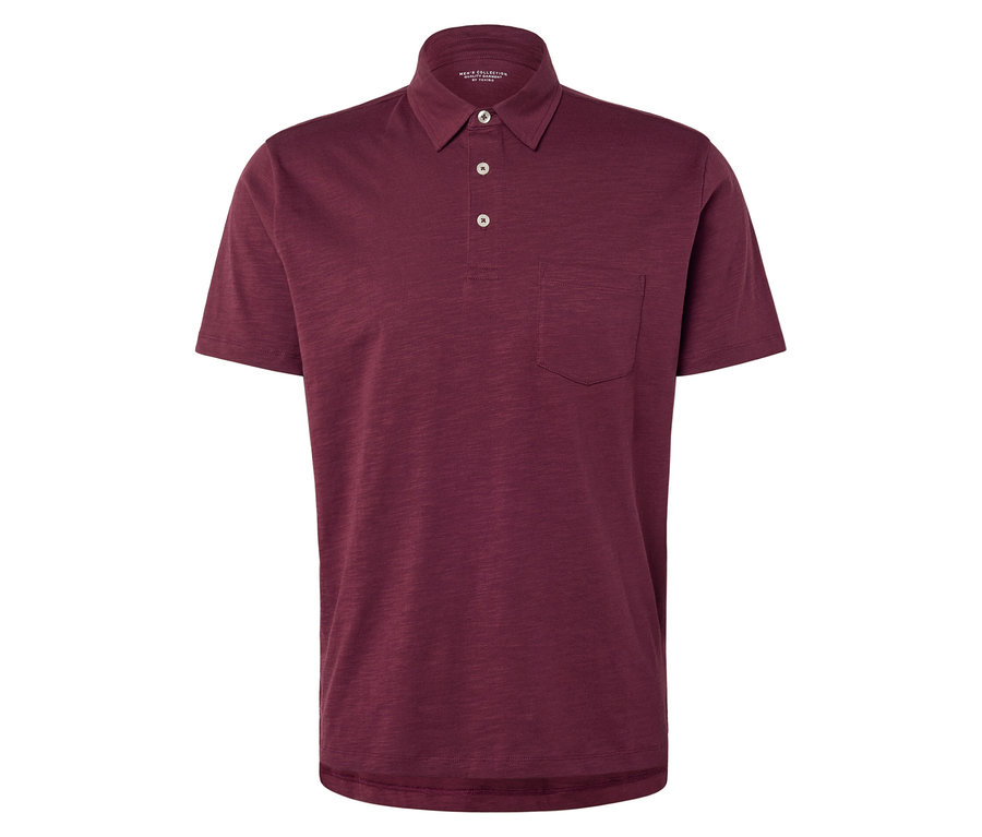 Dunkelrotes Poloshirt mit Knopfleiste und Brusttasche.
