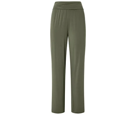 Olivegrüne Loungewear-Hose mit breitem, umgeschlagenem Bund.