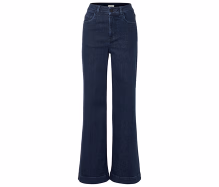 Dunkelblaue, ausgestellte Jeanshose mit Taschen und Knopfverschluss.