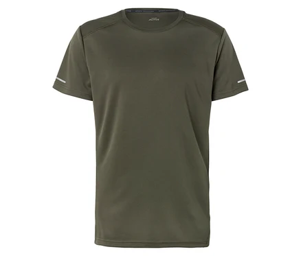 Ein grünes Sport T-Shirt liegt auf einem weißen Hintergrund.