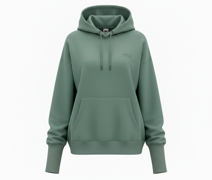 Grüner FILA Damen-Hoodie aus Modalmix mit Kapuze und Kängurutasche vor weißem Hintergrund.