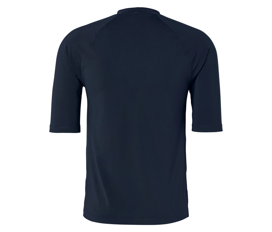 Rückansicht eines marineblauen, kurzärmeligen Shirts mit Rundhalsausschnitt.