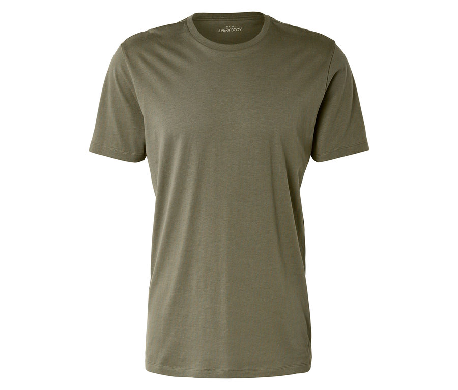 Olivgrünes T-Shirt mit Rundhalsausschnitt liegt auf einem weißen Hintergrund.