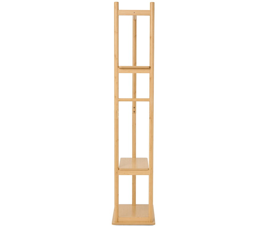 Ein hellbraunes Holzregal mit zwei Regalböden steht vor einem weißen Hintergrund.
