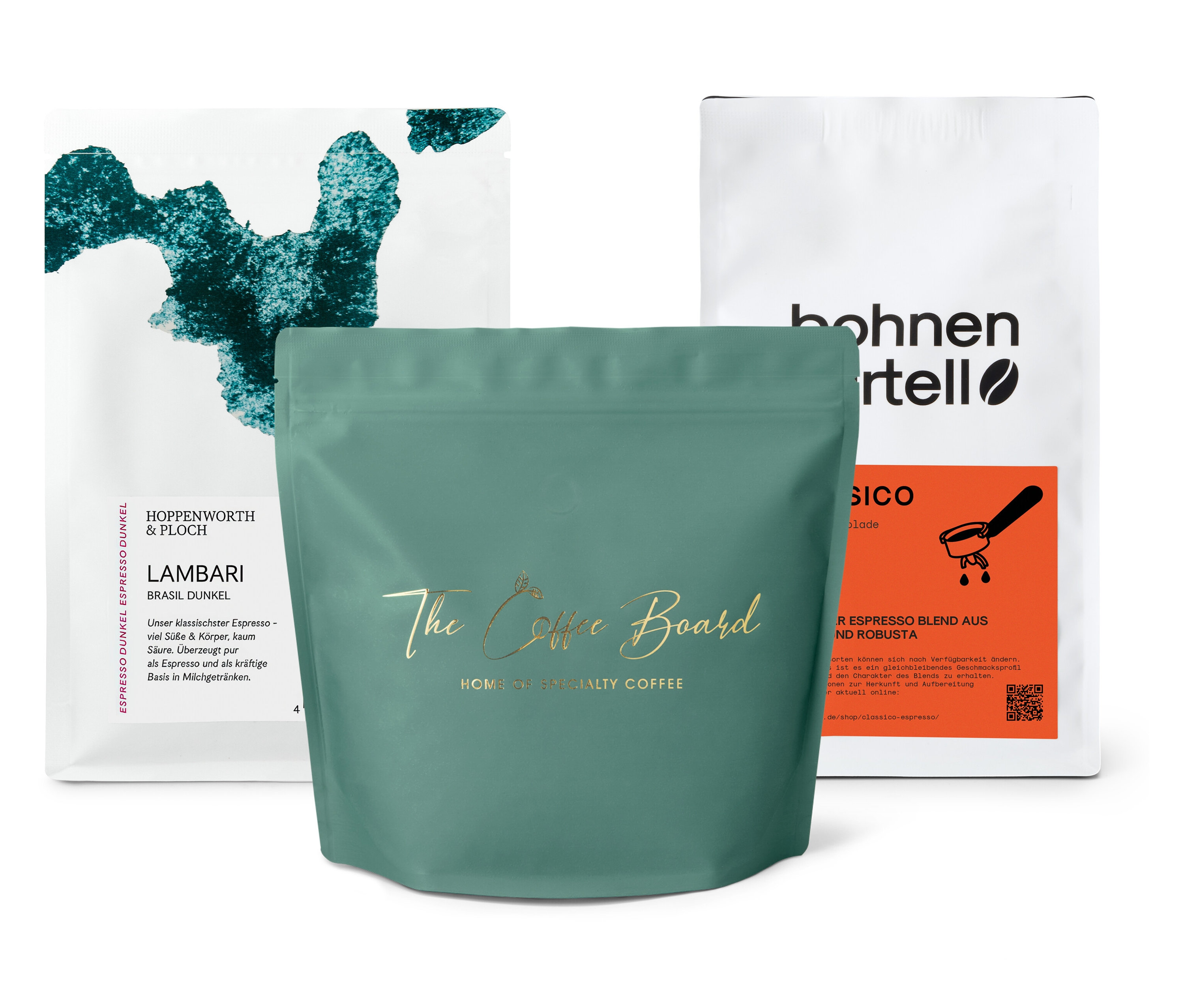 Drei Kaffeepackungen stehen: Das Vollautomaten Probierpaket "Homeoffice-Set" mit 2x 250g und 1x 500g Ganze Bohne.