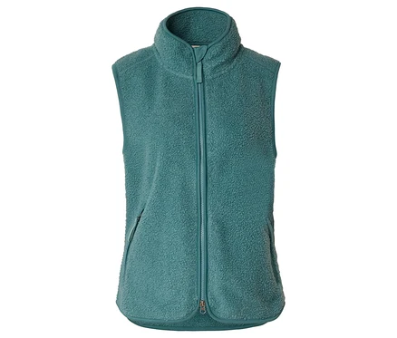 Petrolfarbene Teddyfleece Weste mit Stehkragen, durchgehendem Reißverschluss und einer Reißverschlusstasche.