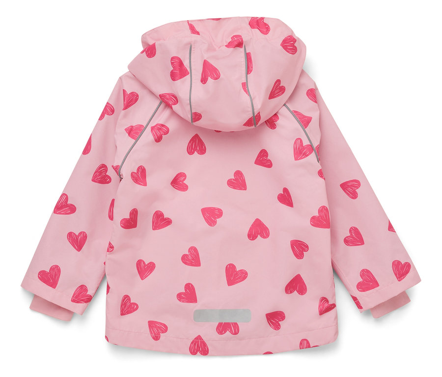 Rosa Kinderjacke mit Herzmuster, von hinten gesehen.