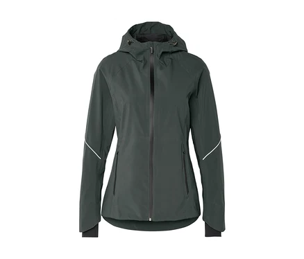 Dunkelgraue Kapuzenjacke mit durchgehendem Reißverschluss, zwei Reißverschlusstaschen und weißen Reflexstreifen an den Ärmeln. Sie hat schwarze Bündchen und einen abgerundeten Saum.