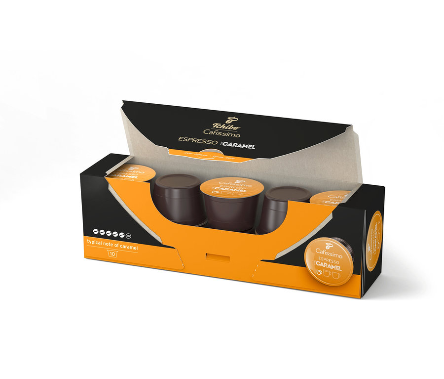 Geöffnete Packung Cafissimo Flavoured Edition Espresso Caramel – 10 Kapseln.