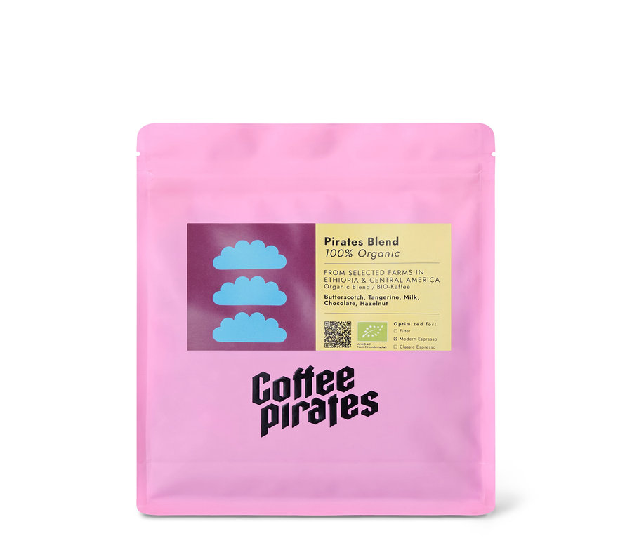 Pinkfarbene Verpackung von Coffee Pirates - Pirates Blend Bio Espresso - 250 g Ganze Bohne.