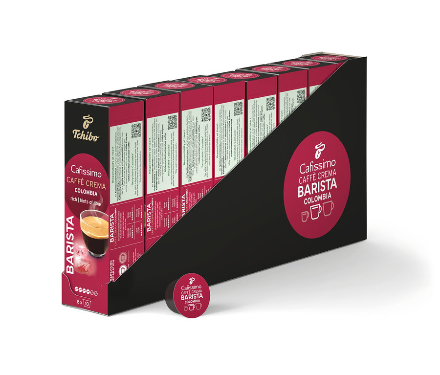 Eine Packung Cafissimo Barista Colombia Kaffeekapseln. Die Kapseln sind in einer schwarzen Verpackung angeordnet. Zu sehen ist auch RA CFM CC Colombia.