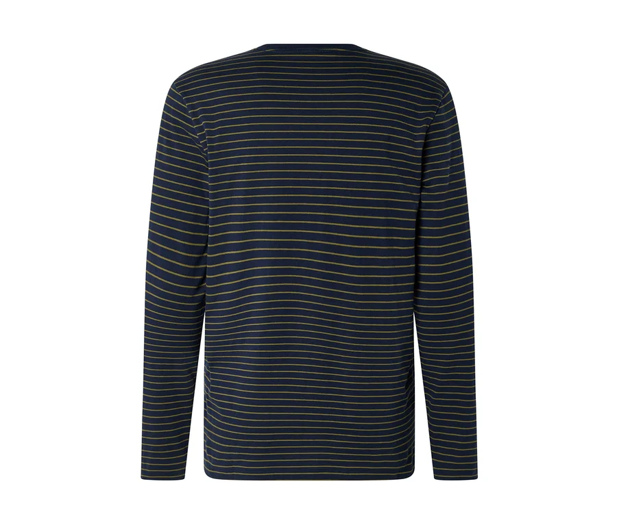Dunkelblaues Langarmshirt mit dünnen, horizontalen olivgrünen Streifen, von hinten gesehen.