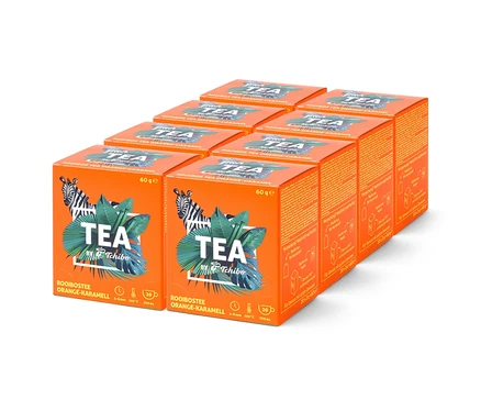 Eine Anordnung von acht orangefarbenen Tee-Boxen mit der Aufschrift "TEA by Tchibo Rooibostee Orange-Karamell".