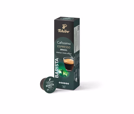 Eine Packung Cafissimo Barista Espresso Brasil - 10 Kapseln und eine einzelne Kapsel.