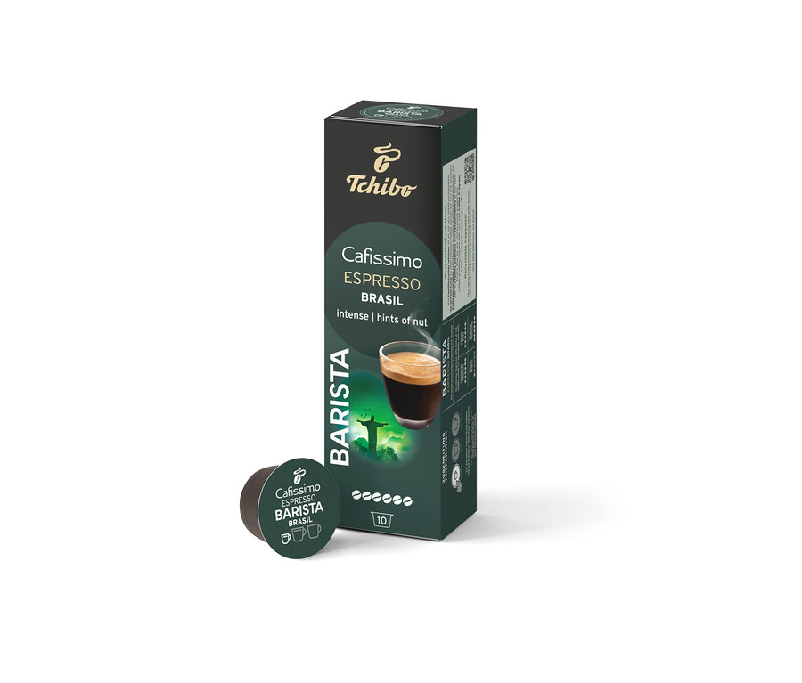Eine Packung Cafissimo Barista Espresso Brasil - 10 Kapseln und eine einzelne Kapsel.